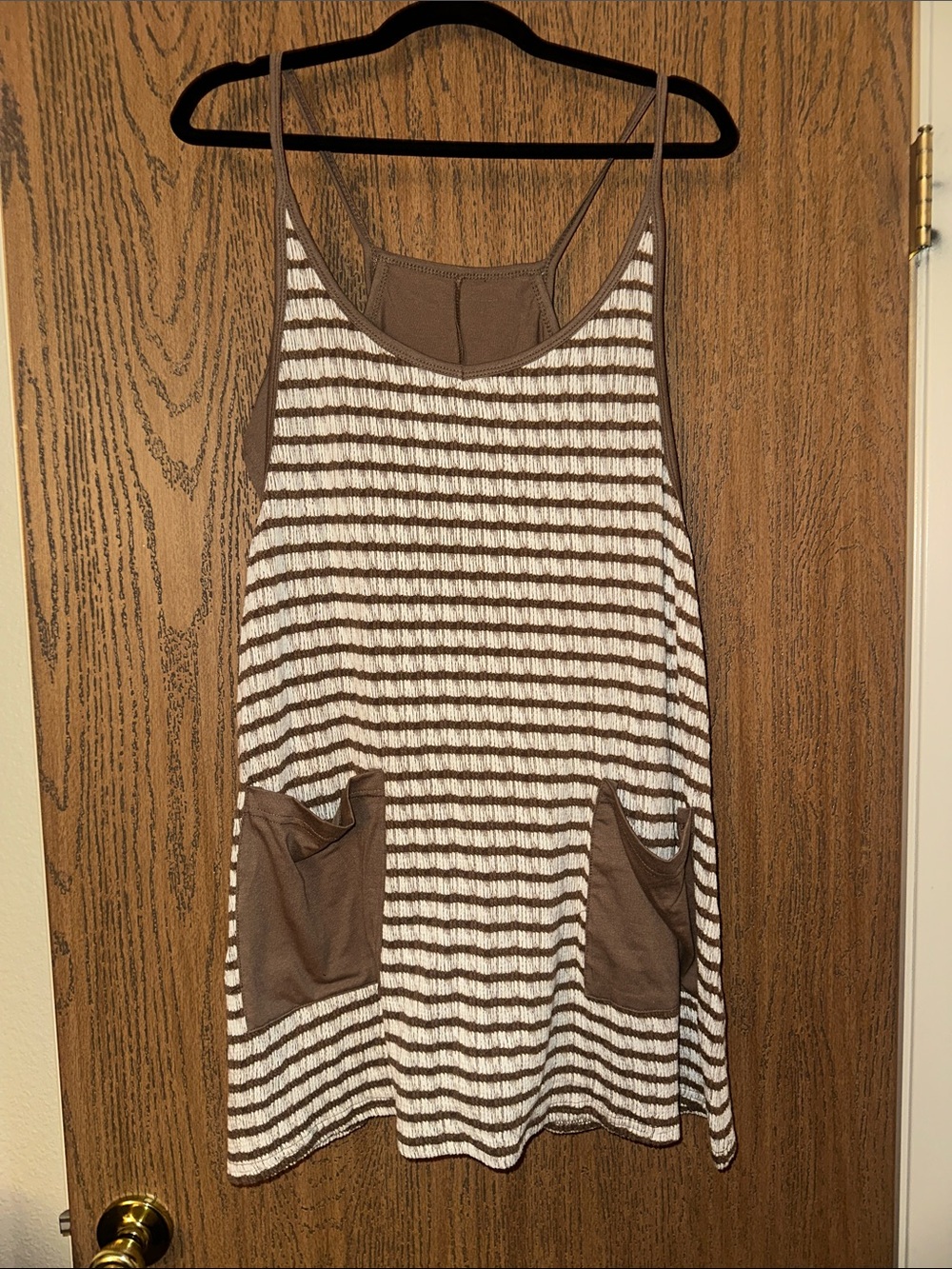 Brown & White Striped Cartwheel Romper Dress with Pockets